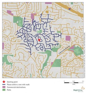 map of a suburban community, walkability within 1 mile, from sightline.org